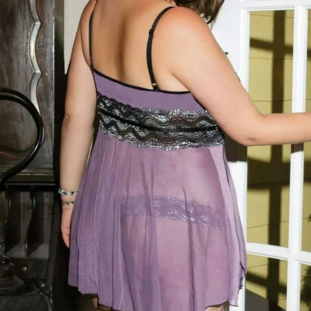 Plus Babydoll Set Mesh Metallic Lace Padded Cup Mauve Purple Womens 3x 4x